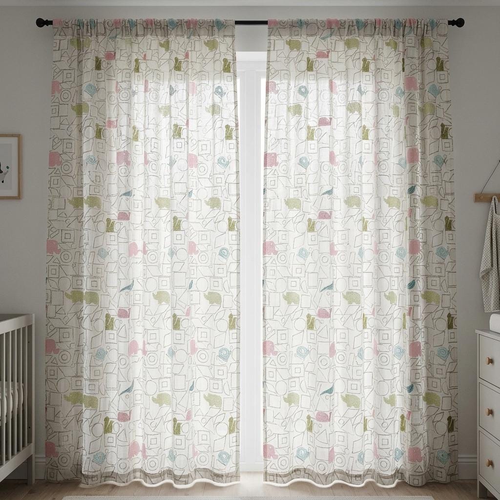 White Pure Linen Sheer Curtains, Pastel Animal Nursery Drapes, Geometric Print Embroidered Kids Room Panels — image 4