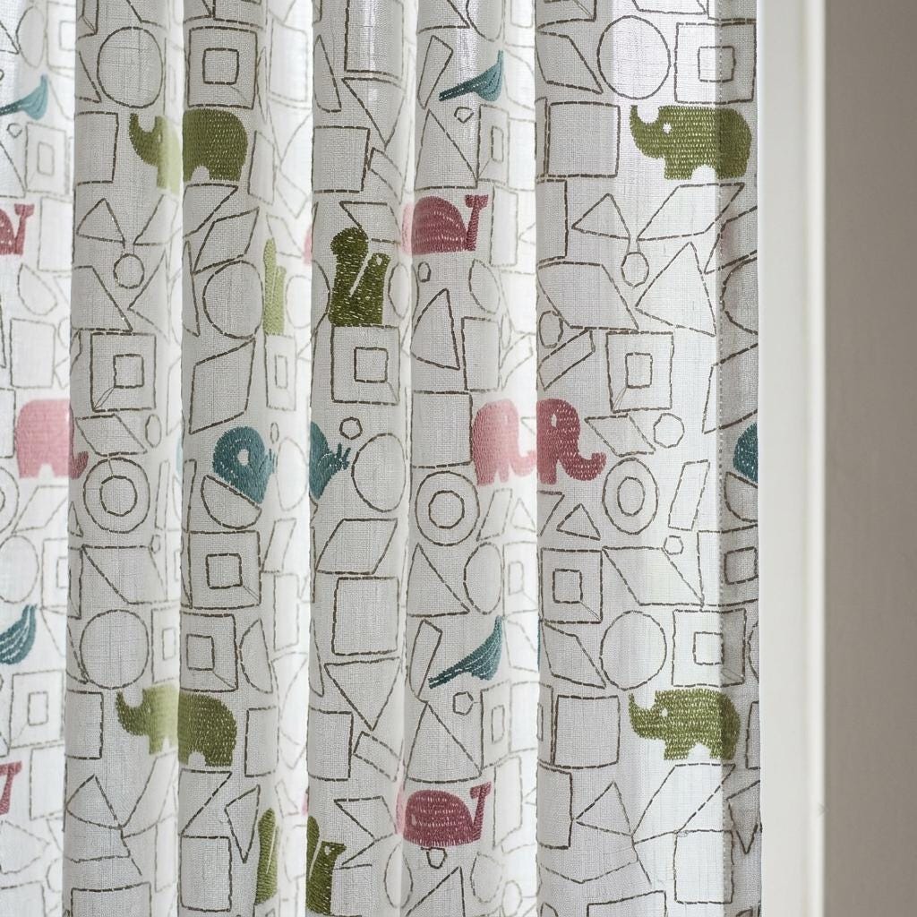 White Pure Linen Sheer Curtains, Pastel Animal Nursery Drapes, Geometric Print Embroidered Kids Room Panels — image 5