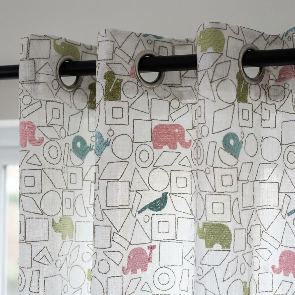 White Pure Linen Sheer Curtains, Pastel Animal Nursery Drapes, Geometric Print Embroidered Kids Room Panels — image 2