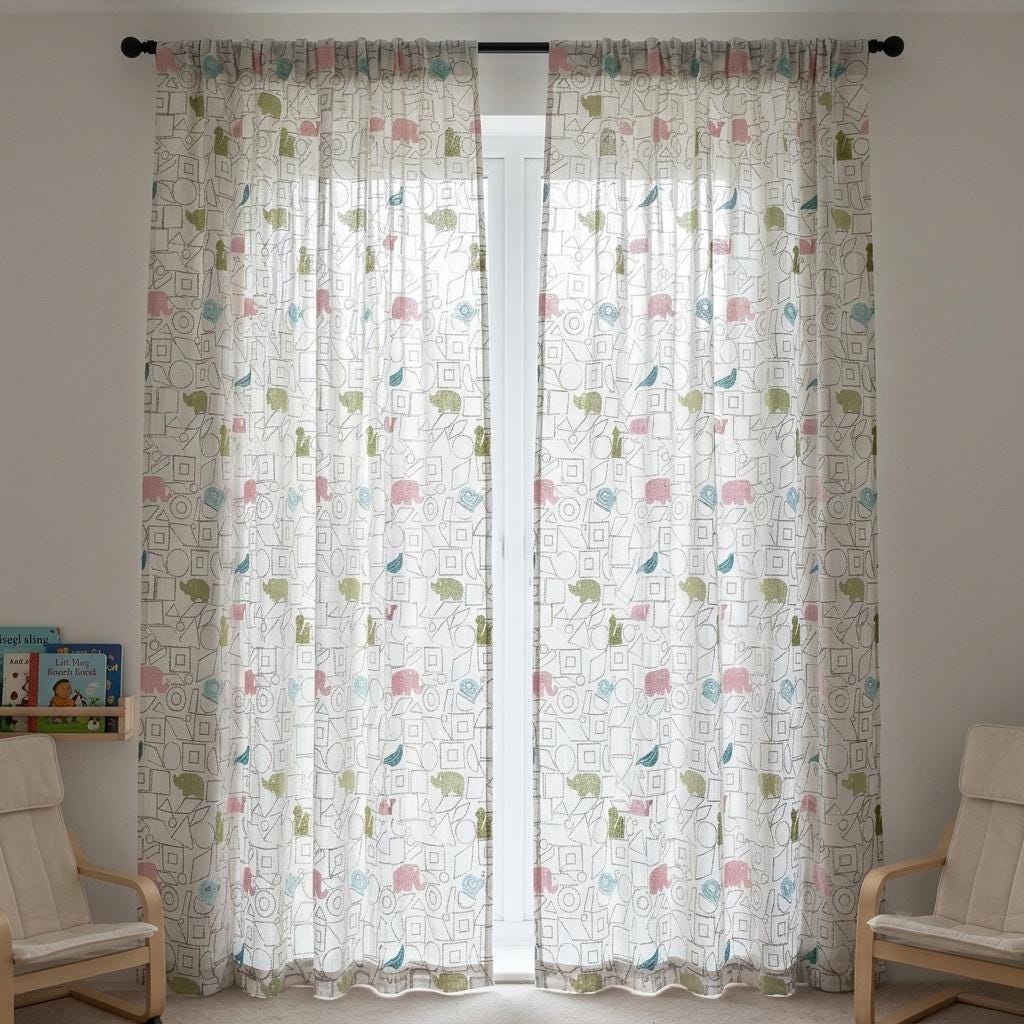 White Pure Linen Sheer Curtains, Pastel Animal Nursery Drapes, Geometric Print Embroidered Kids Room Panels — image 10