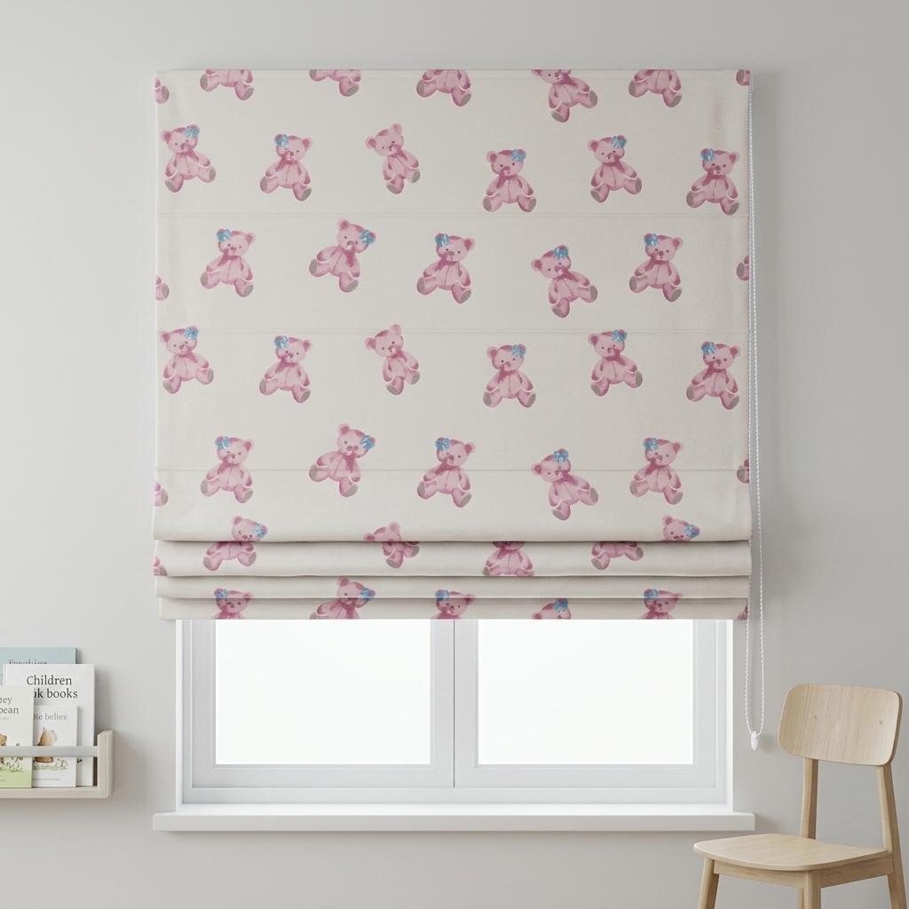 Soft Cream Velvet Roman Shade, Pink Teddy Bear & Blue Bow Nursery Blind, Custom Blackout or Light Filtering Shade — image 1
