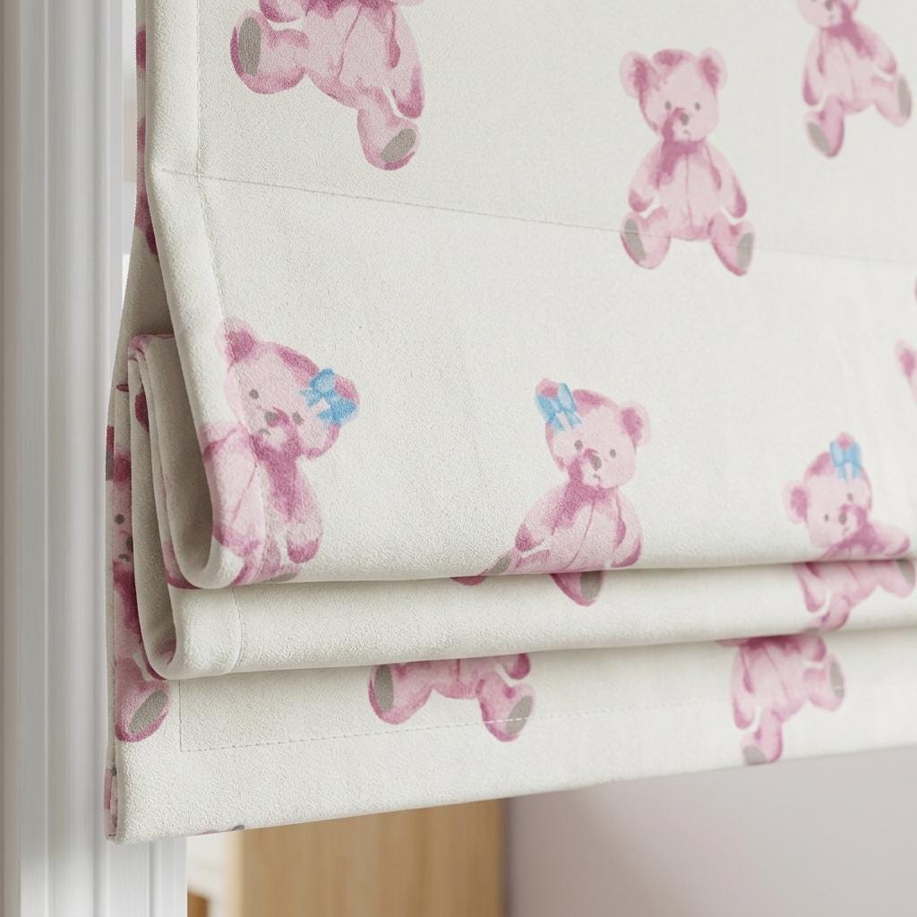 Soft Cream Velvet Roman Shade, Pink Teddy Bear & Blue Bow Nursery Blind, Custom Blackout or Light Filtering Shade — image 8