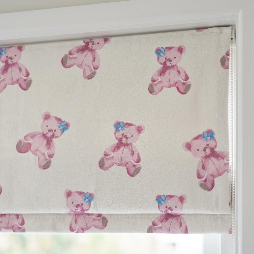 Soft Cream Velvet Roman Shade, Pink Teddy Bear & Blue Bow Nursery Blind, Custom Blackout or Light Filtering Shade — image 6