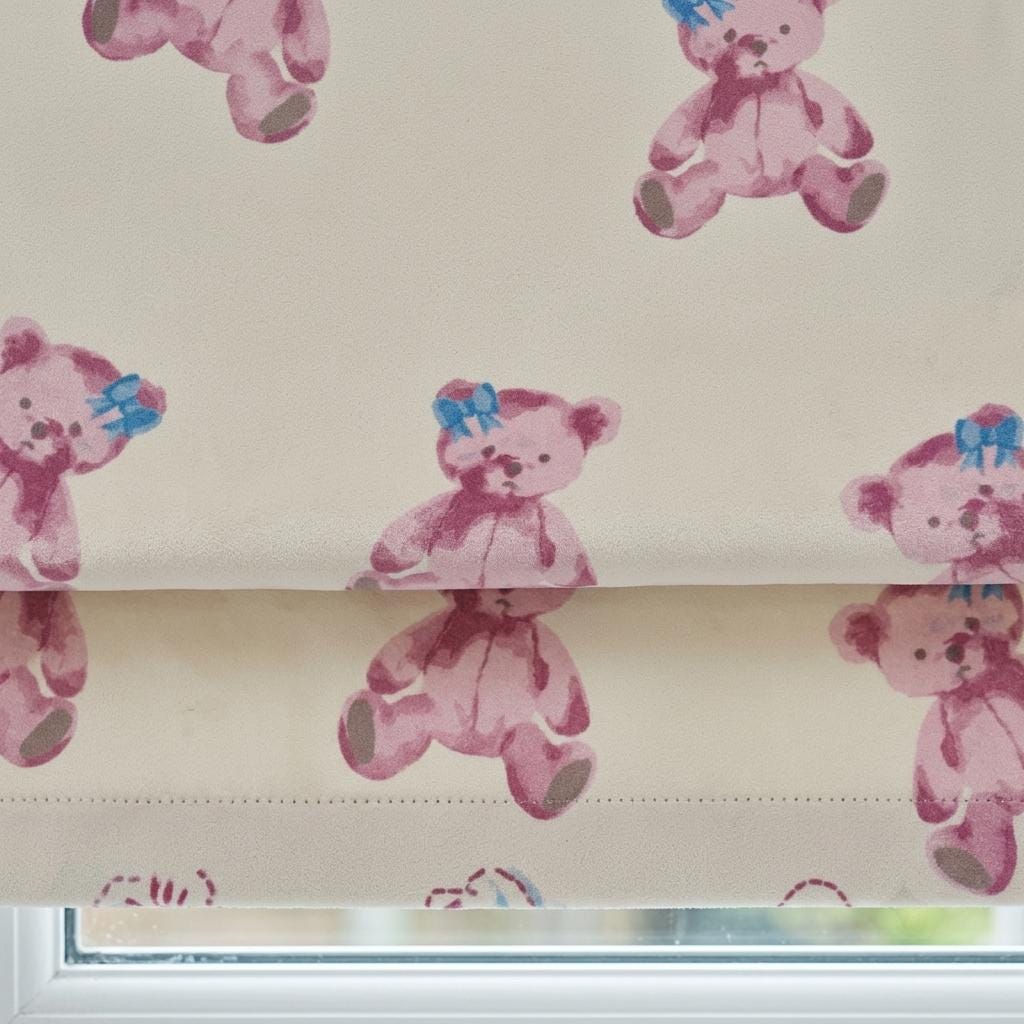Soft Cream Velvet Roman Shade, Pink Teddy Bear & Blue Bow Nursery Blind, Custom Blackout or Light Filtering Shade — image 4