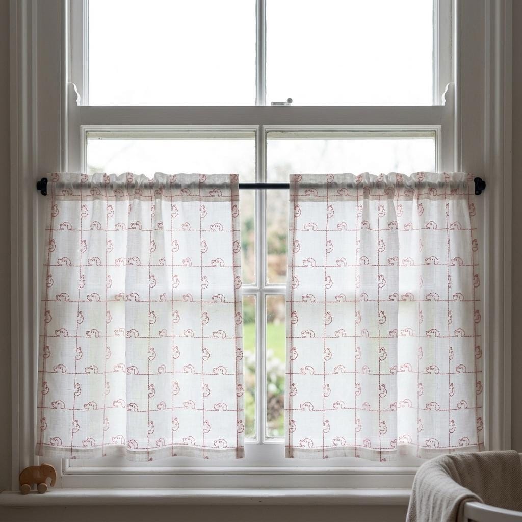 White Pure Linen Sheer Curtains, Pink Embroidered Dog Drapes, Custom Light Filtering Nursery Window Panels — image 7
