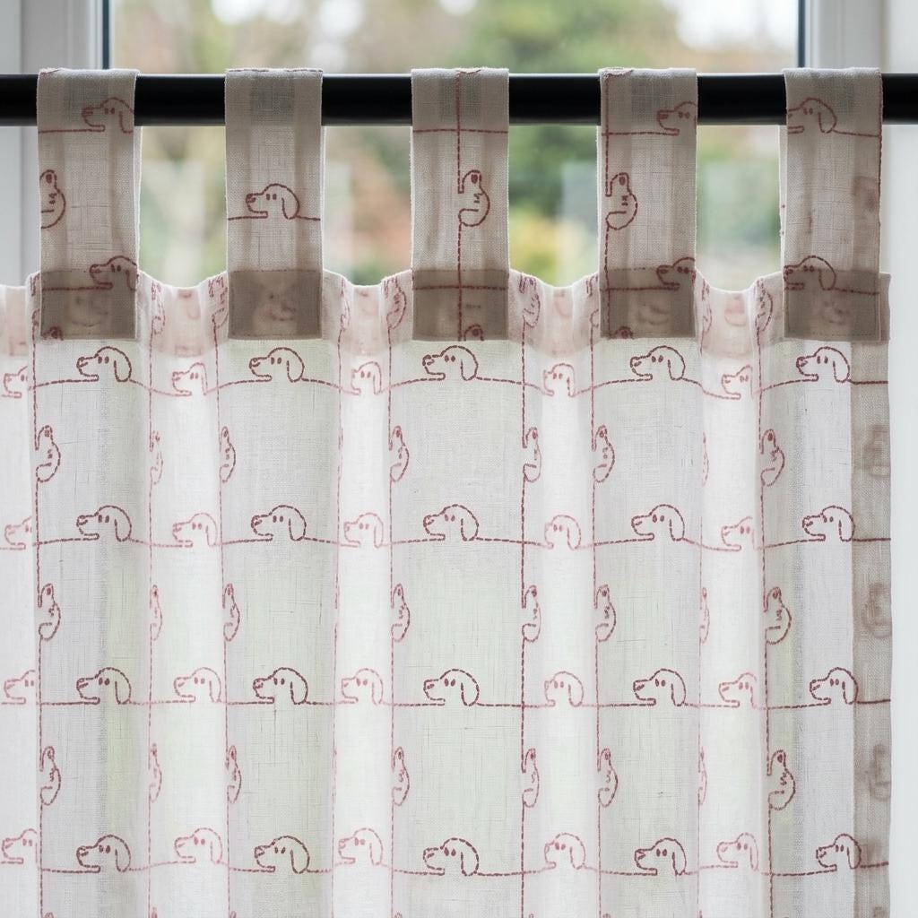 White Pure Linen Sheer Curtains, Pink Embroidered Dog Drapes, Custom Light Filtering Nursery Window Panels — image 9