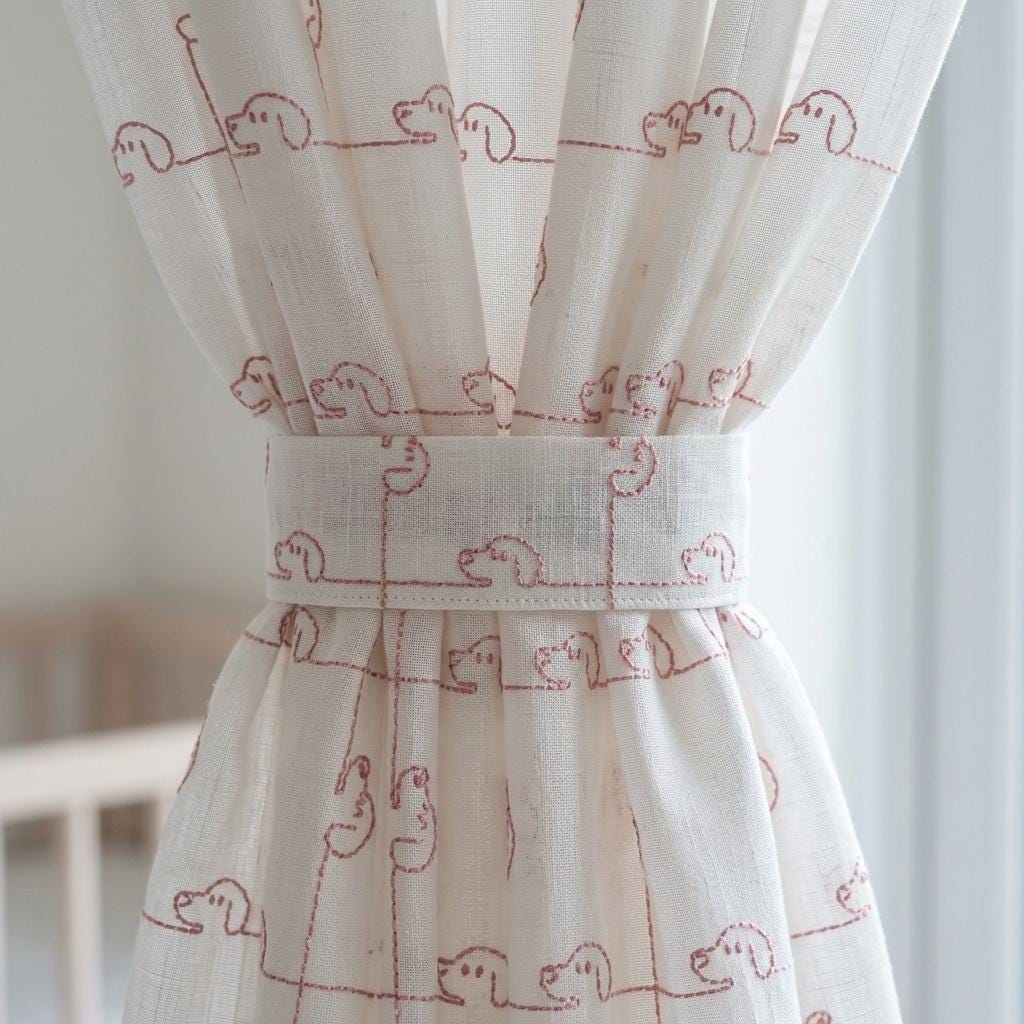 White Pure Linen Sheer Curtains, Pink Embroidered Dog Drapes, Custom Light Filtering Nursery Window Panels — image 6