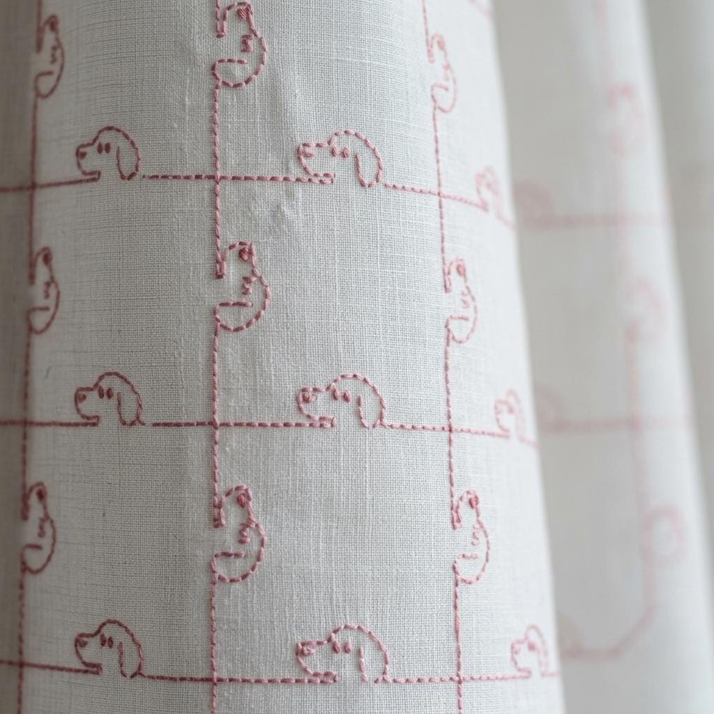 White Pure Linen Sheer Curtains, Pink Embroidered Dog Drapes, Custom Light Filtering Nursery Window Panels — image 1