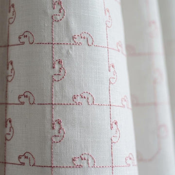 White Pure Linen Sheer Curtains, Pink Embroidered Dog Drapes, Custom Light Filtering Nursery Window Panels — image 1