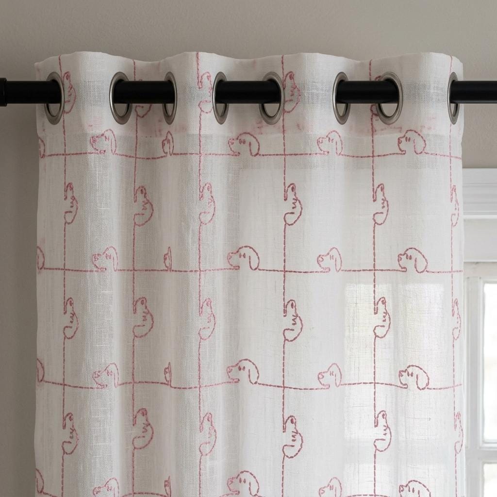 White Pure Linen Sheer Curtains, Pink Embroidered Dog Drapes, Custom Light Filtering Nursery Window Panels — image 4