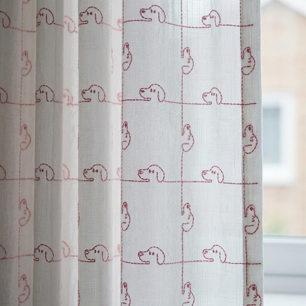 White Pure Linen Sheer Curtains, Pink Embroidered Dog Drapes, Custom Light Filtering Nursery Window Panels — image 2