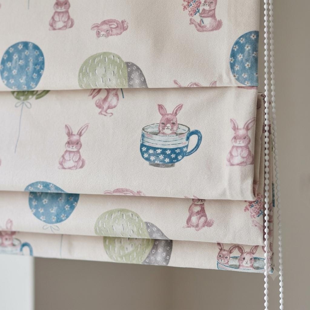 Soft Cream Velvet Roman Shade, Pink Bunny Nursery Blind, Rabbit & Balloon Custom Shade, Blackout or Light Filtering — image 3
