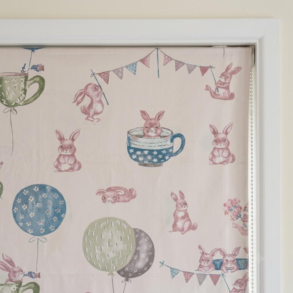 Soft Cream Velvet Roman Shade, Pink Bunny Nursery Blind, Rabbit & Balloon Custom Shade, Blackout or Light Filtering — image 6