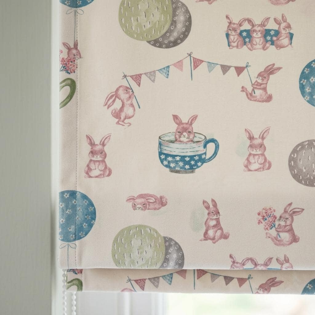 Soft Cream Velvet Roman Shade, Pink Bunny Nursery Blind, Rabbit & Balloon Custom Shade, Blackout or Light Filtering — image 8