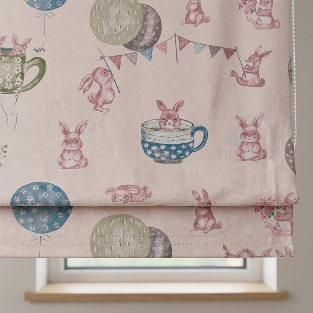 Soft Cream Velvet Roman Shade, Pink Bunny Nursery Blind, Rabbit & Balloon Custom Shade, Blackout or Light Filtering — image 1