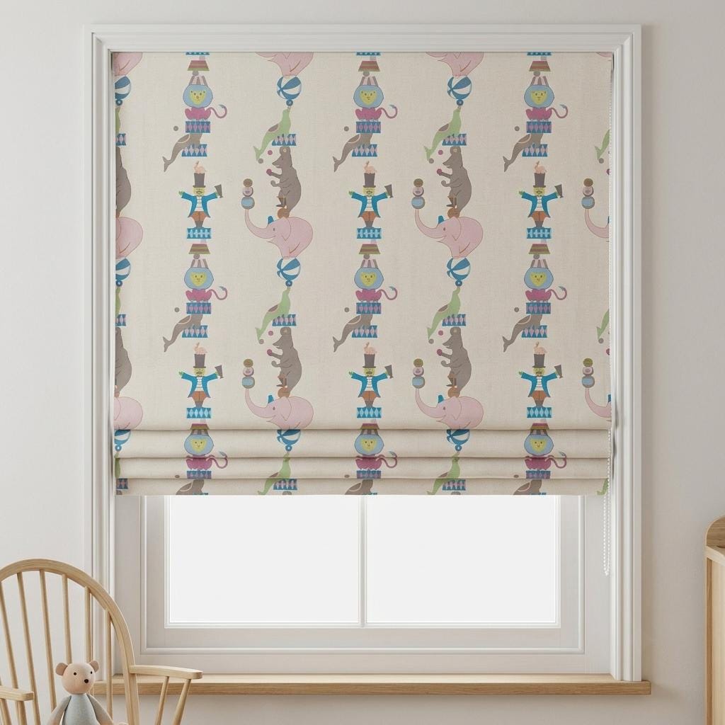 Soft Cream Linen Roman Shade, Pink Elephant Circus Animal Nursery Blind, Kids Custom Blackout or Light Filtering Shade — image 4