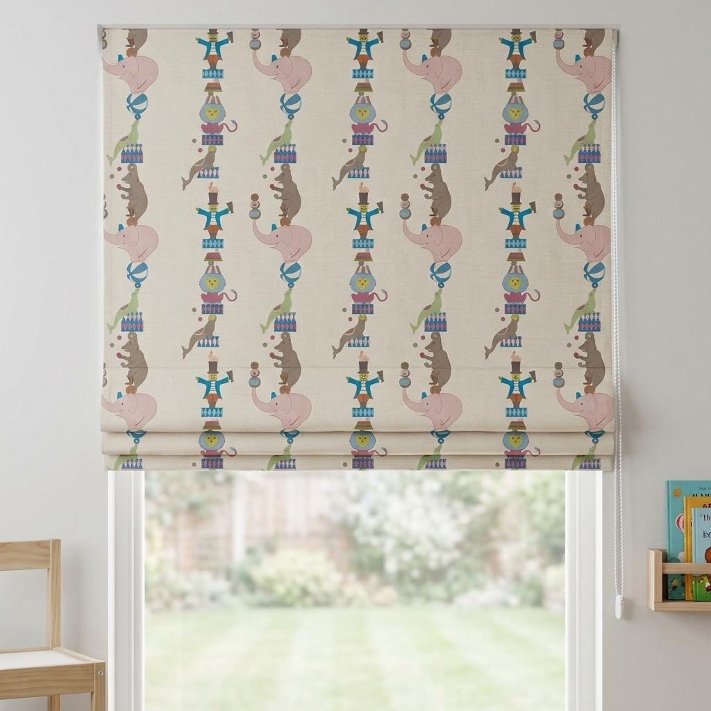 Soft Cream Linen Roman Shade, Pink Elephant Circus Animal Nursery Blind, Kids Custom Blackout or Light Filtering Shade — image 7