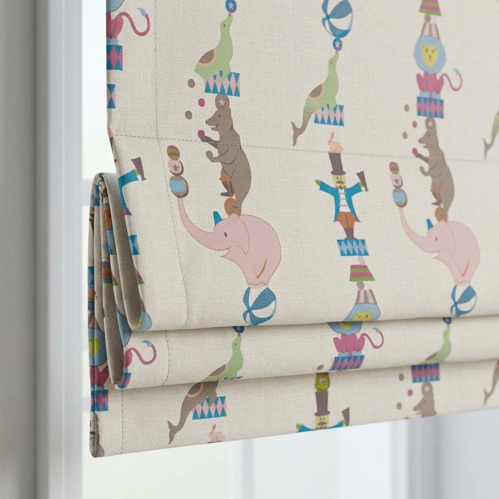 Soft Cream Linen Roman Shade, Pink Elephant Circus Animal Nursery Blind, Kids Custom Blackout or Light Filtering Shade — image 1