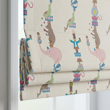Soft Cream Linen Roman Shade, Pink Elephant Circus Animal Nursery Blind, Kids Custom Blackout or Light Filtering Shade — image 1