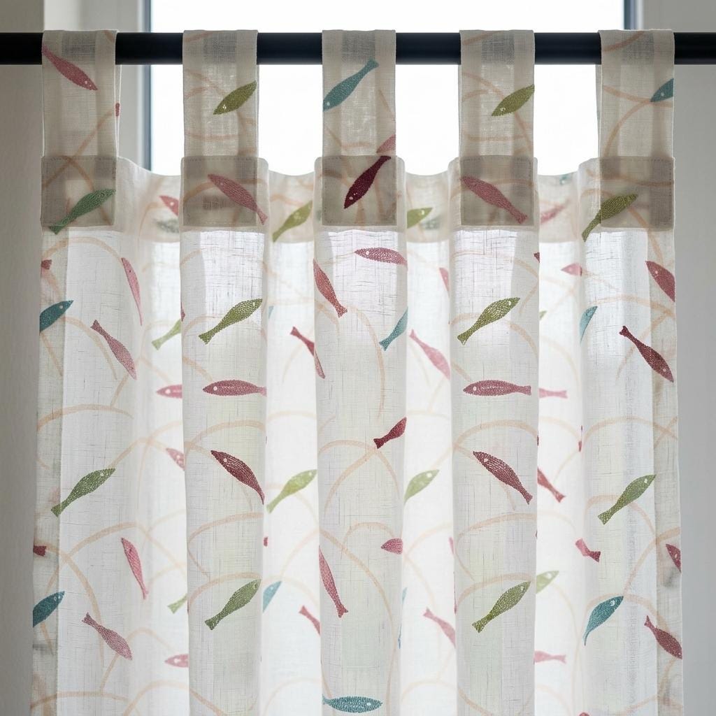 White Linen Sheer Curtains, Pastel Embroidered Fish Drapes, Coastal Ocean Nursery Custom Light Filtering Panels — image 9