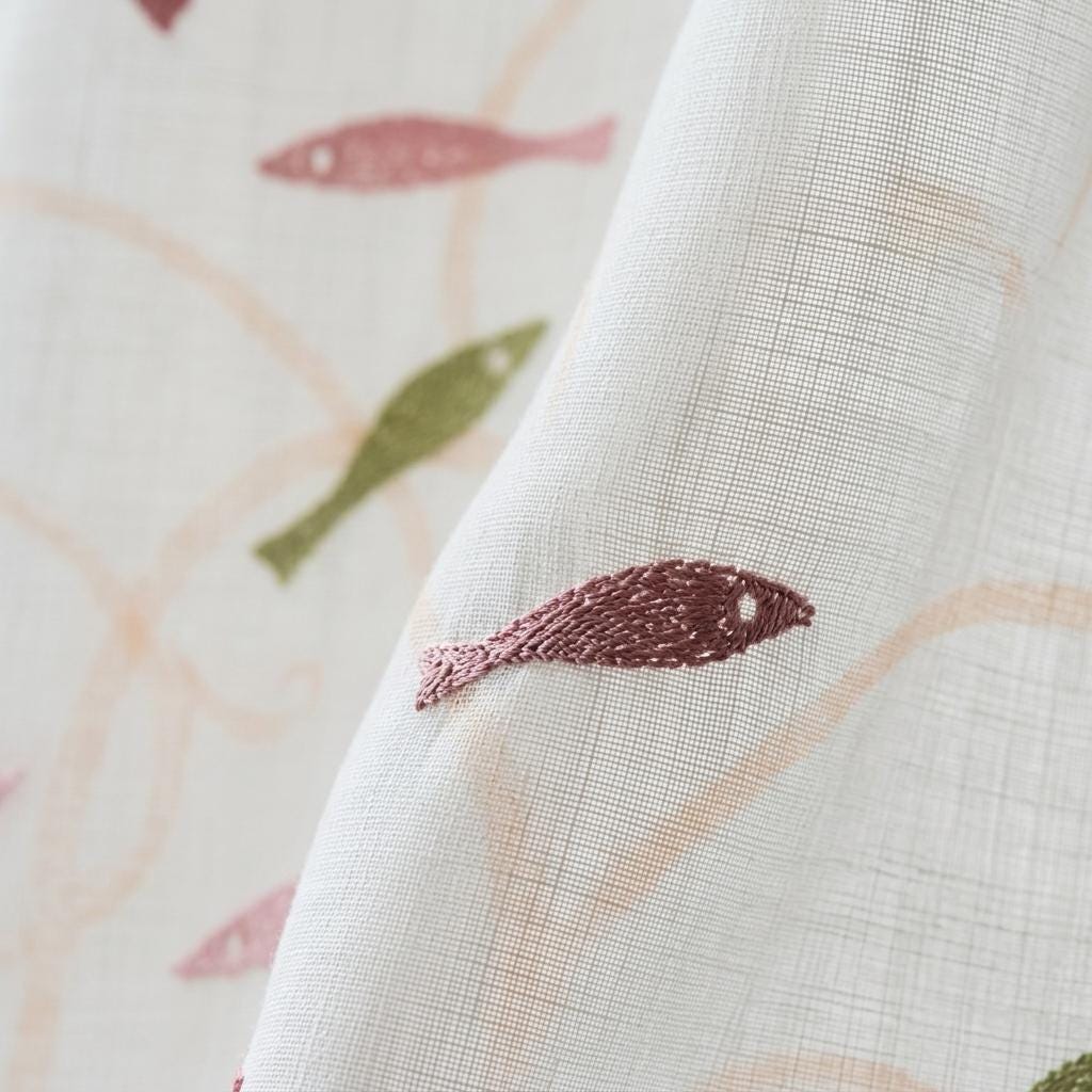 White Linen Sheer Curtains, Pastel Embroidered Fish Drapes, Coastal Ocean Nursery Custom Light Filtering Panels — image 10