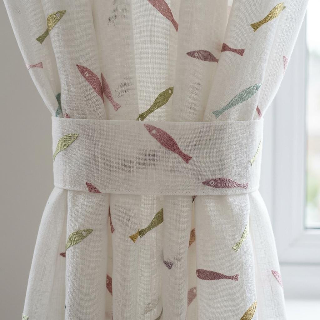 White Linen Sheer Curtains, Pastel Embroidered Fish Drapes, Coastal Ocean Nursery Custom Light Filtering Panels — image 3
