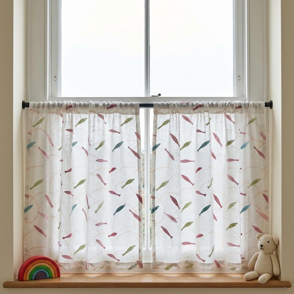 White Linen Sheer Curtains, Pastel Embroidered Fish Drapes, Coastal Ocean Nursery Custom Light Filtering Panels — image 7