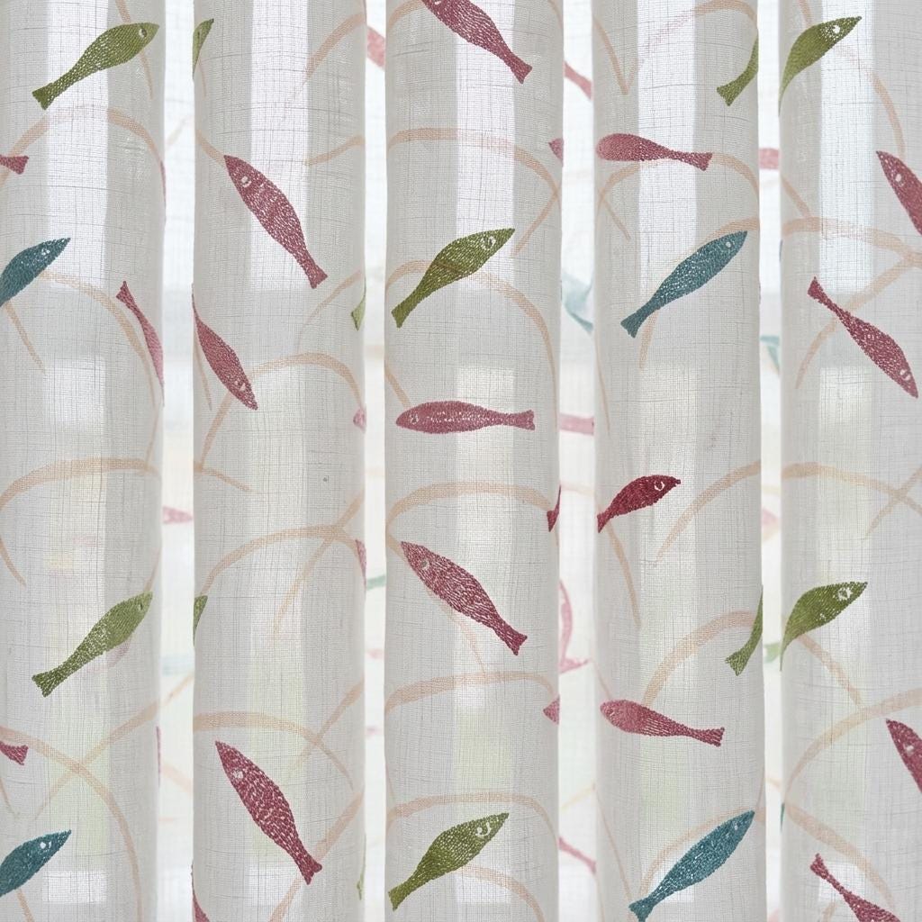 White Linen Sheer Curtains, Pastel Embroidered Fish Drapes, Coastal Ocean Nursery Custom Light Filtering Panels — image 5
