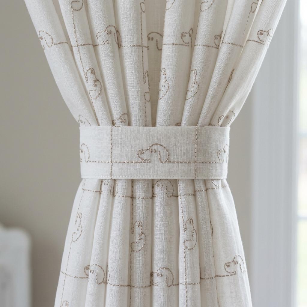 Soft White Pure Linen Sheer Curtains, Light Taupe Embroidered Dog Drapes, Custom Nursery Window Panels — image 1