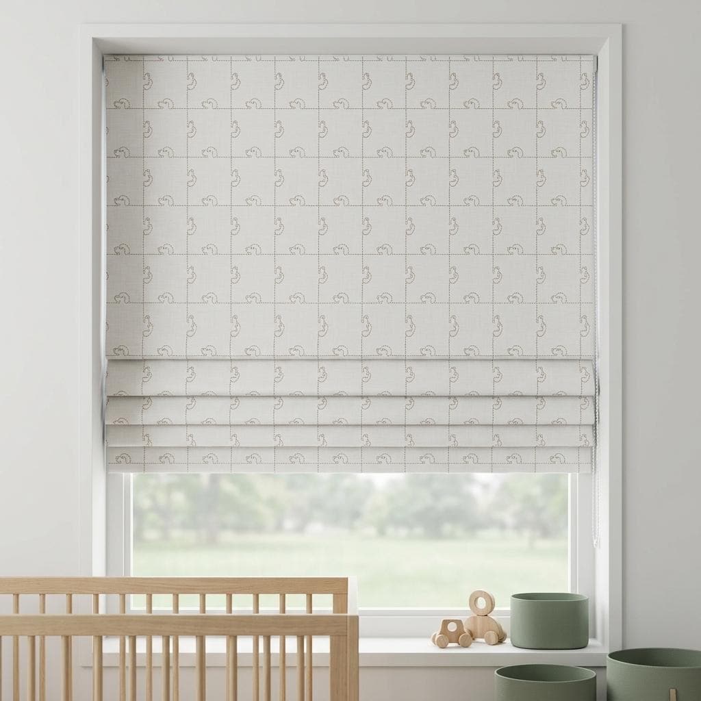 Soft White Linen Roman Shade, Light Taupe Puppy Embroidery, Custom Nursery Blackout Window Blind — image 8