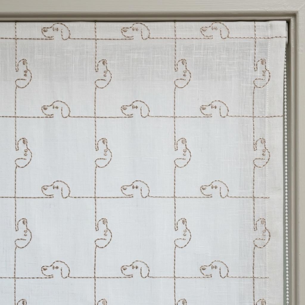 Soft White Linen Roman Shade, Light Taupe Puppy Embroidery, Custom Nursery Blackout Window Blind — image 1