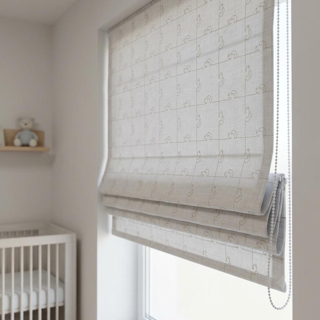 Soft White Linen Roman Shade, Light Taupe Puppy Embroidery, Custom Nursery Blackout Window Blind — image 6