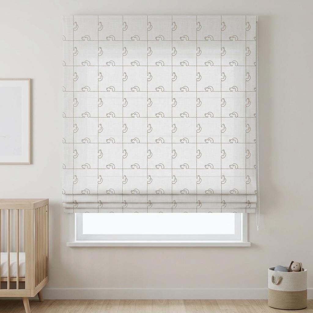 Soft White Linen Roman Shade, Light Taupe Puppy Embroidery, Custom Nursery Blackout Window Blind — image 7