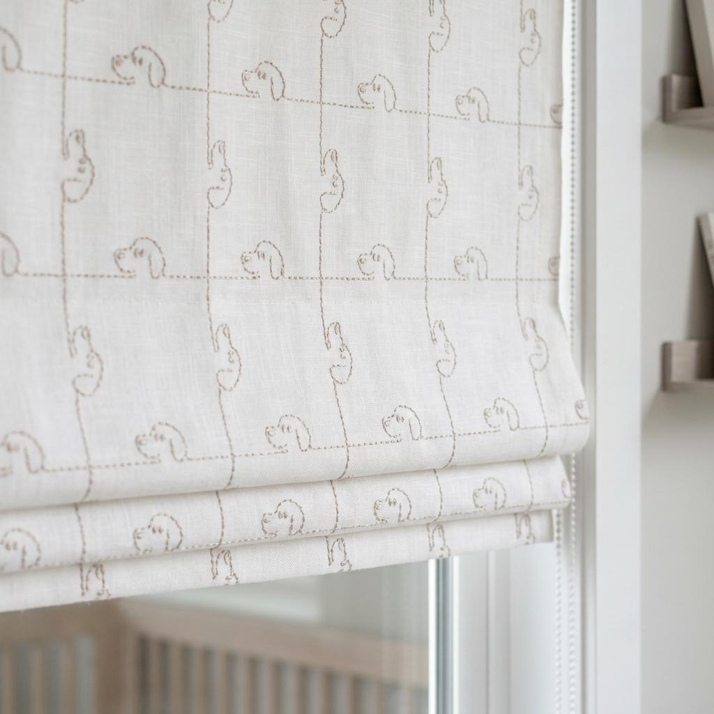Soft White Linen Roman Shade, Light Taupe Puppy Embroidery, Custom Nursery Blackout Window Blind — image 5