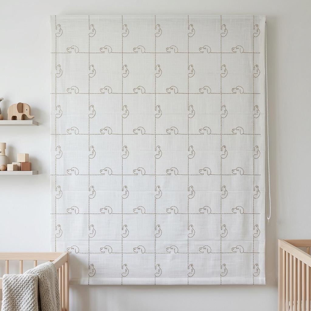 Soft White Linen Roman Shade, Light Taupe Puppy Embroidery, Custom Nursery Blackout Window Blind — image 2