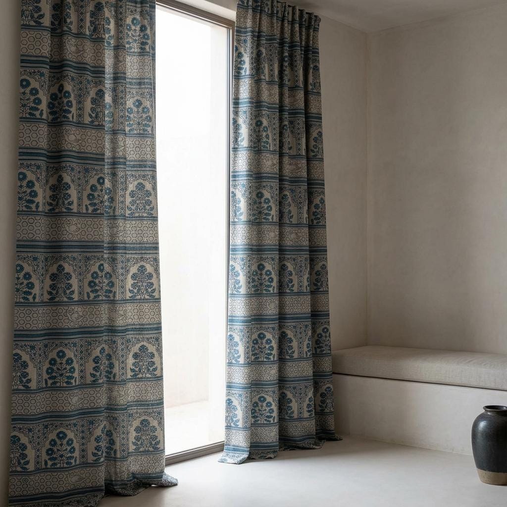 Natural Beige Linen Curtains: Teal Indigo Indian Mughal Floral Bird Print, Custom Blackout Drapes — image 5