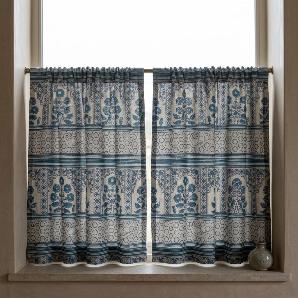 Natural Beige Linen Curtains: Teal Indigo Indian Mughal Floral Bird Print, Custom Blackout Drapes — image 7