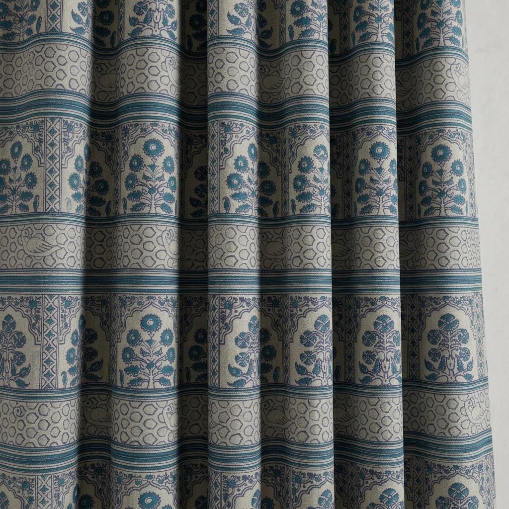 Natural Beige Linen Curtains: Teal Indigo Indian Mughal Floral Bird Print, Custom Blackout Drapes — image 9