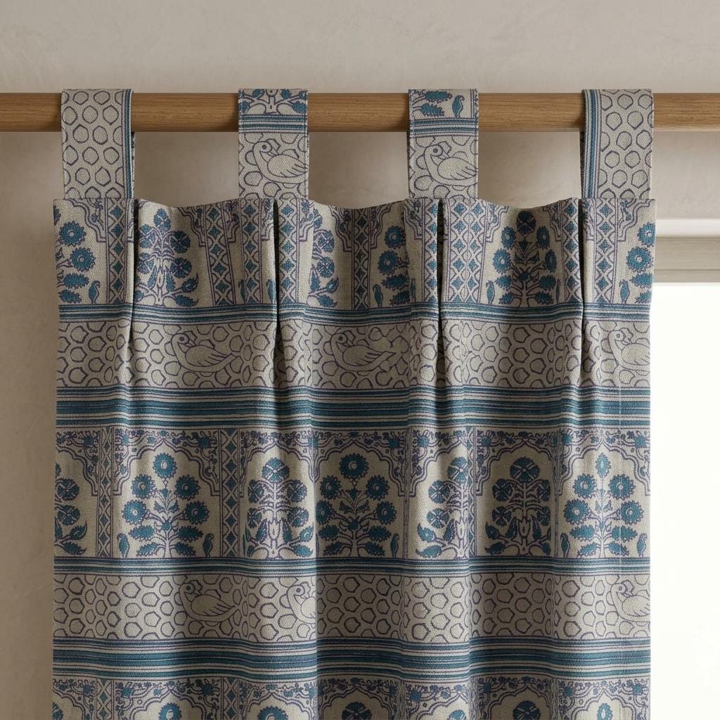 Natural Beige Linen Curtains: Teal Indigo Indian Mughal Floral Bird Print, Custom Blackout Drapes — image 10