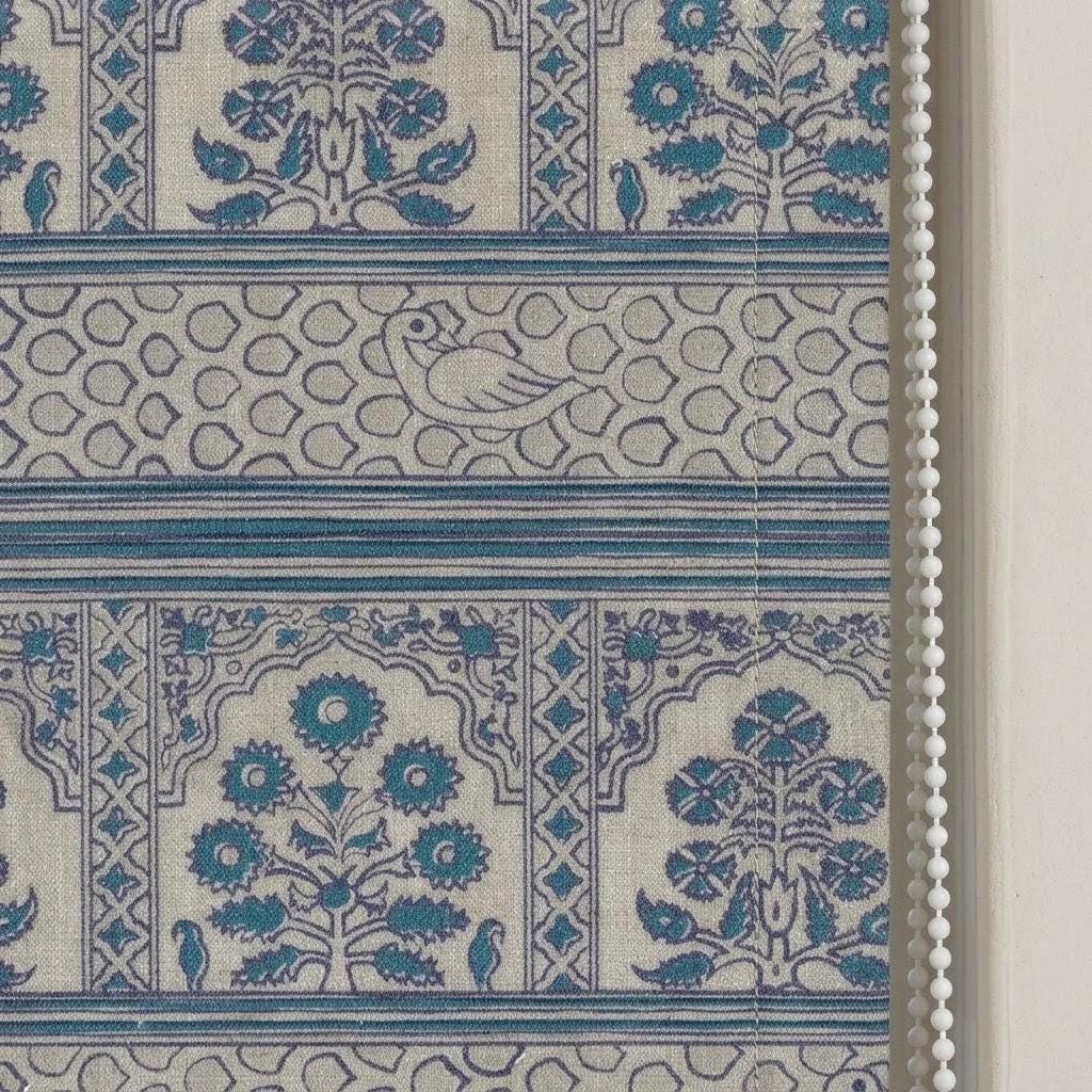 Natural Beige Linen Roman Shade, Teal Indigo Mughal Floral Bird Print, Custom Blackout or Light Filtering Blind — image 6