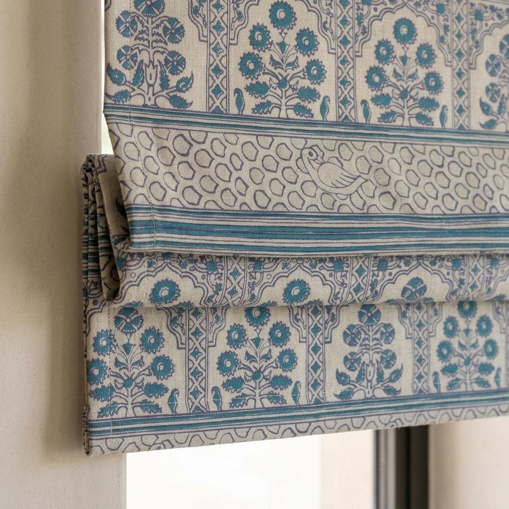 Natural Beige Linen Roman Shade, Teal Indigo Mughal Floral Bird Print, Custom Blackout or Light Filtering Blind — image 4