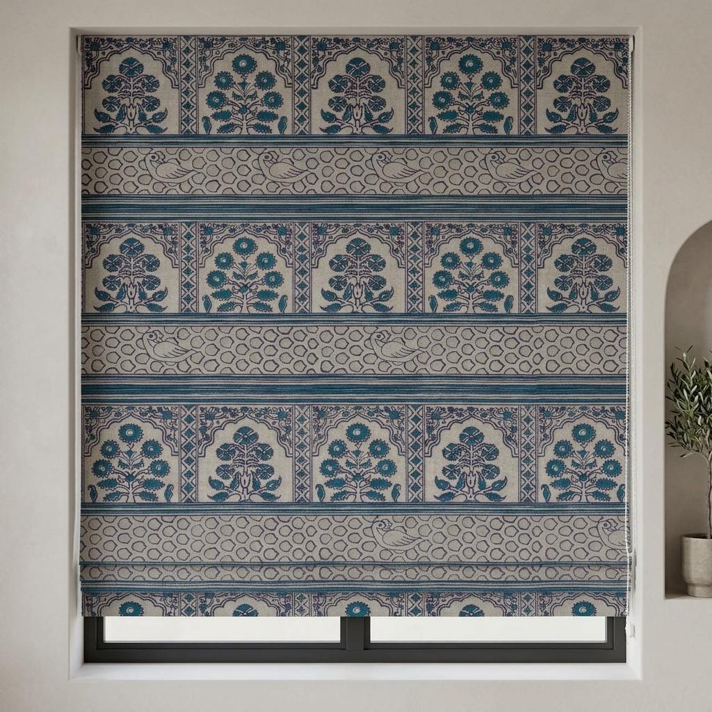 Natural Beige Linen Roman Shade, Teal Indigo Mughal Floral Bird Print, Custom Blackout or Light Filtering Blind — image 10