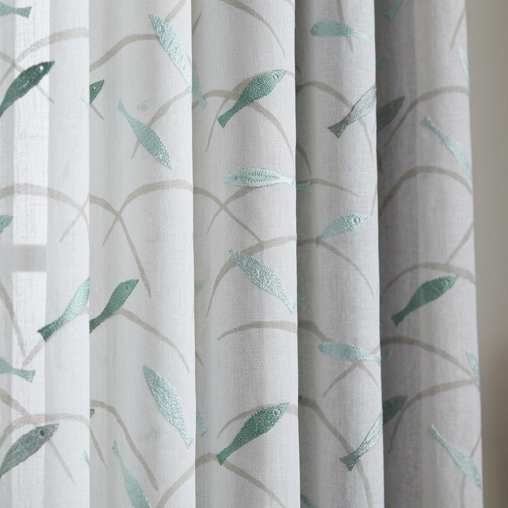 Soft White Pure Linen Sheer Curtains, Sage Mint Embroidered Fish Drapes, Coastal Custom Light Filtering Panels — image 1