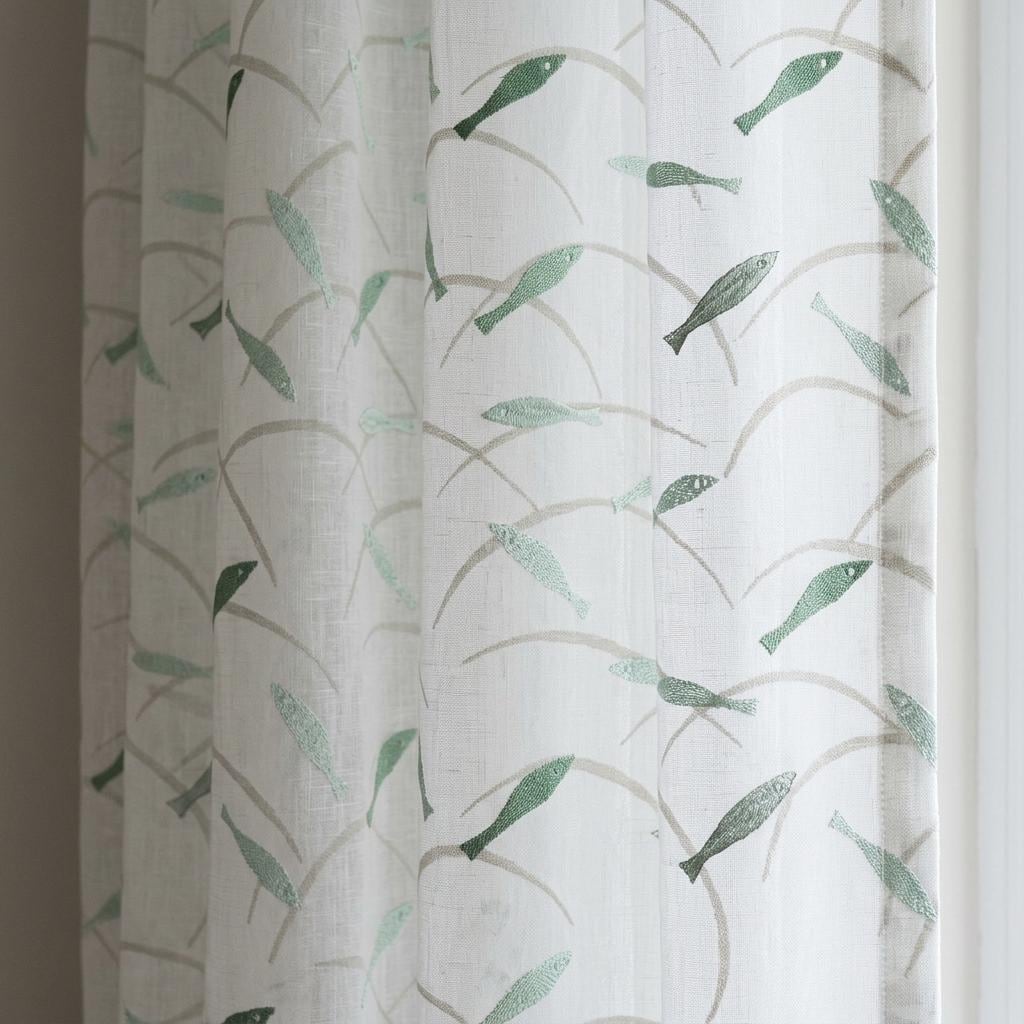 Soft White Pure Linen Sheer Curtains, Sage Mint Embroidered Fish Drapes, Coastal Custom Light Filtering Panels — image 1