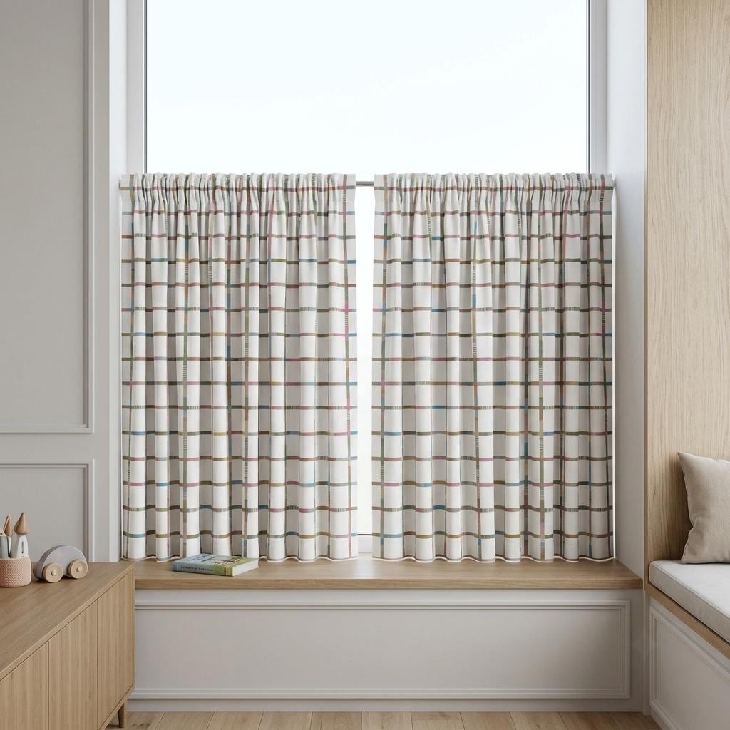 Velvet Nursery Curtains, Soft Ivory Pastel Multicolor Geometric Grid Kids Room Drapes, Custom Blackout Option — image 9
