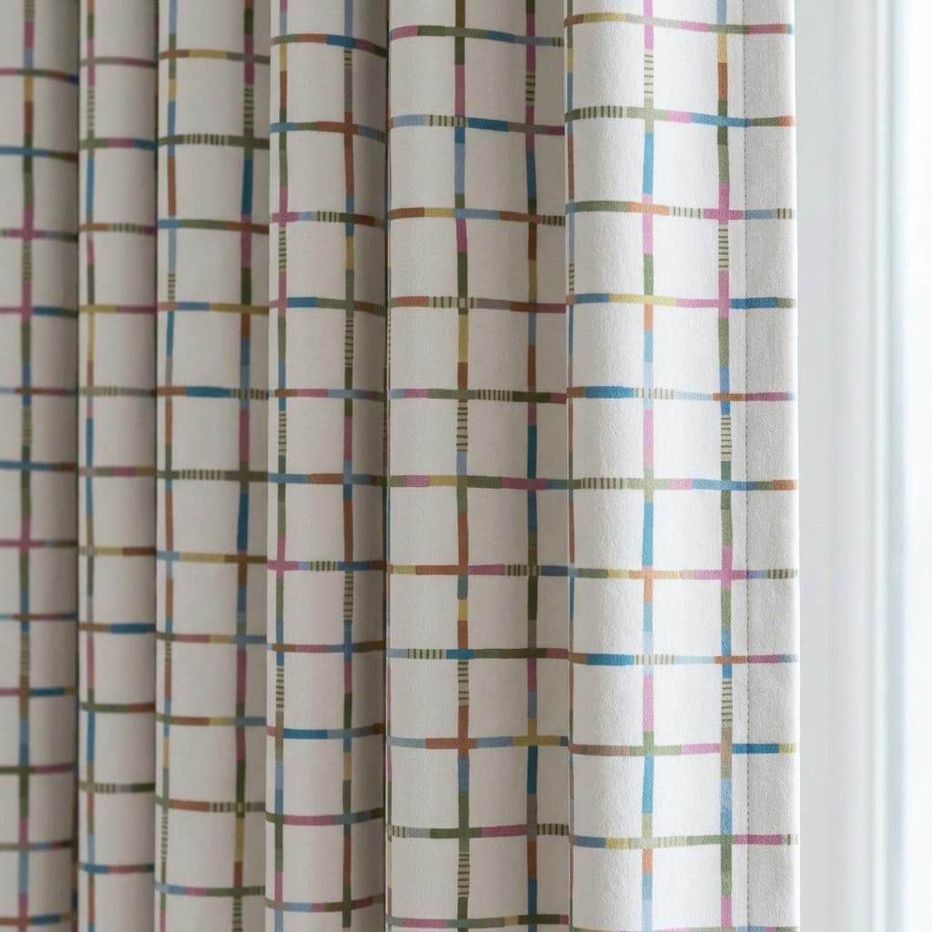 Velvet Nursery Curtains, Soft Ivory Pastel Multicolor Geometric Grid Kids Room Drapes, Custom Blackout Option — image 1