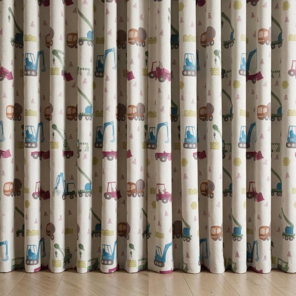 Construction Linen Nursery Curtains, Soft White Excavator Crane Truck Print Kids Room Drapes, Custom Blackout Panels — image 4