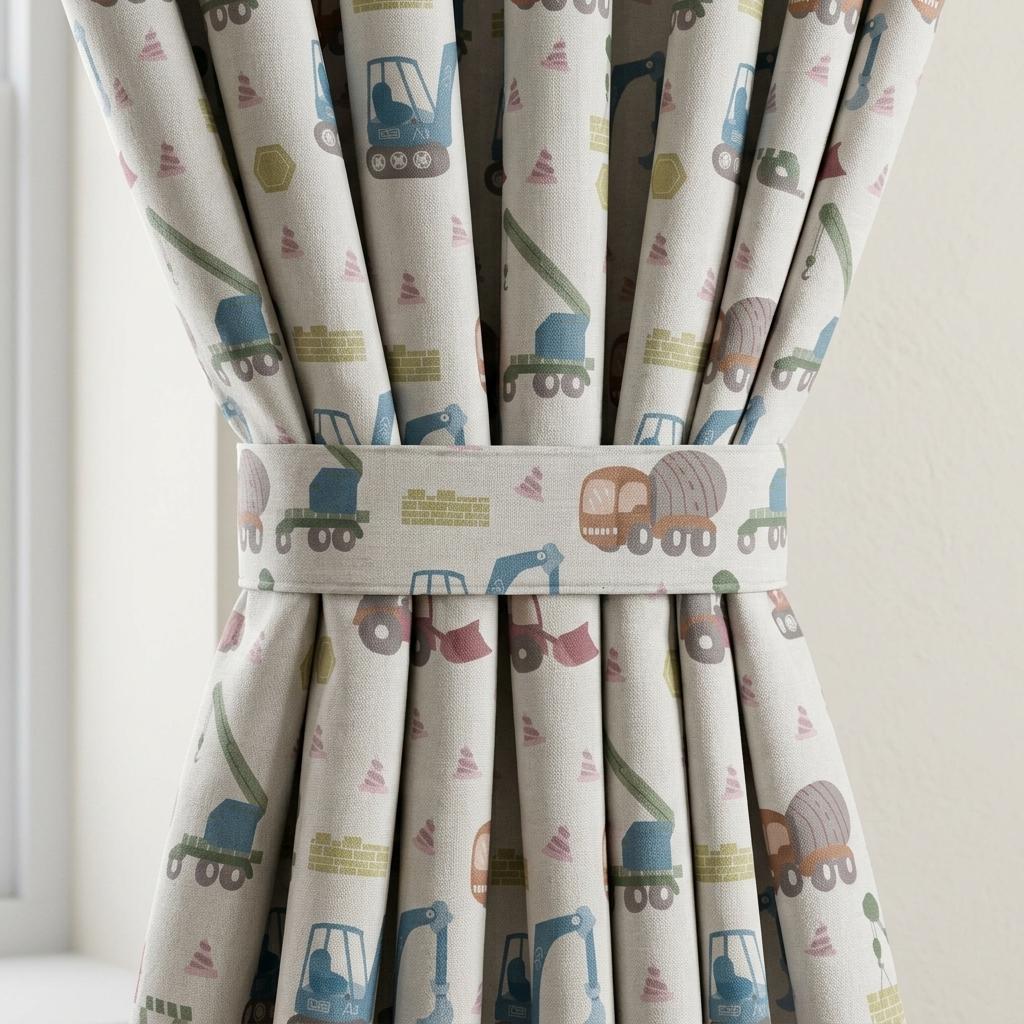 Construction Linen Nursery Curtains, Soft White Excavator Crane Truck Print Kids Room Drapes, Custom Blackout Panels — image 2