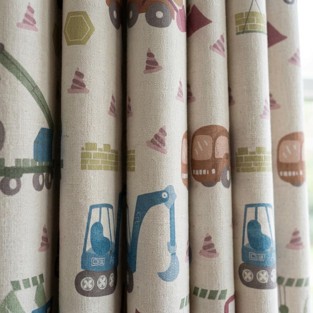 Construction Linen Nursery Curtains, Soft White Excavator Crane Truck Print Kids Room Drapes, Custom Blackout Panels — image 8