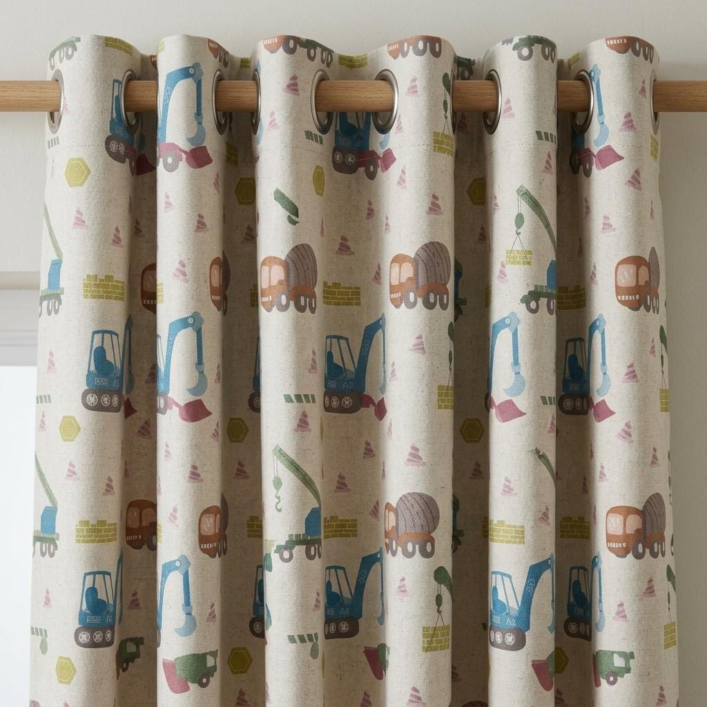 Construction Linen Nursery Curtains, Soft White Excavator Crane Truck Print Kids Room Drapes, Custom Blackout Panels — image 3